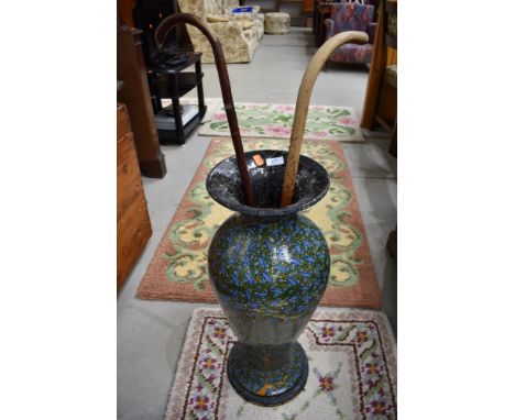 A vintage papier mache stick stand of vase form, height approx. 67cm and two sticks
Condition - Few scuffs and marks around t