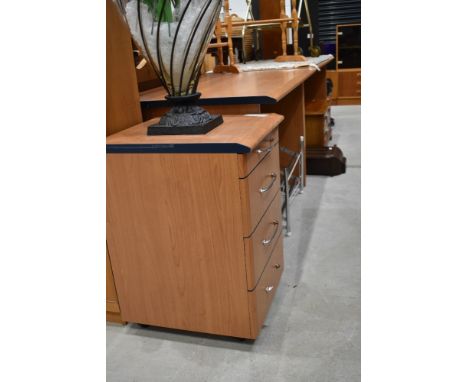 Two matching laminate desks or work benches approx 75cmx160cmx75cm on bench having removable back shelf and a similar filing 