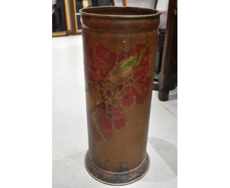 An antique stick or umbrella stand with budgie style painted front, think is copper, H54cm, diameter 22cm (approx)