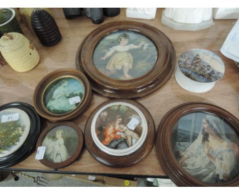 A selection of mounted ceramic lids and selection of circular prints
