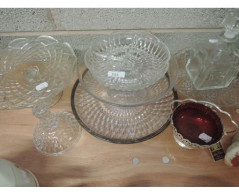 A selection of glassware including cake stands, bonbon dish decanter etc