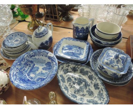 A selection of blue and white ware including Copeland's Spode tableware