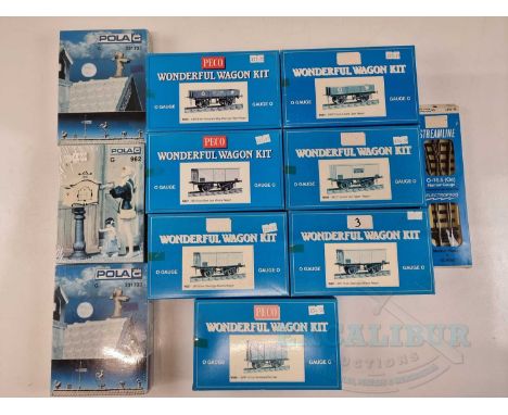 A group of ex-shop stock PECO O gauge wagon kits together with a PECO O-16.5 set of points and a trio of POLA G scale kits - 