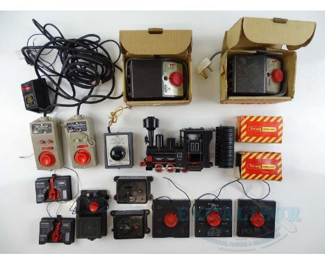 A large quantity of vintage transformers, controllers and switches together with a FALLER E-Train G scale narrow gauge steam 