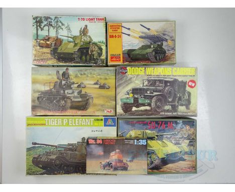 A  group of 1:35 scale unbuilt plastic model kits by various manufacturers including AIRFIX and ITALERI - all military exampl