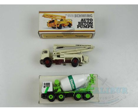 A pair of 1:50 Scale diecast construction lorries comprising an NZG 'Schwing' concrete pump and a CONRAD concrete mixer lorry