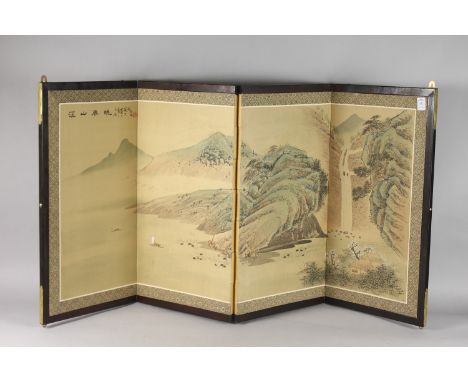 A SMALL CHINESE FOUR PANEL SCREEN, overlaid with a painting on silk depicting a landscape scene.