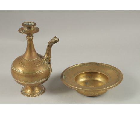 A 17TH CENTURY MUGHAL INDIAN BRASS OR BRONZE EWER AND BASIN, ewer 24cm high, (2).