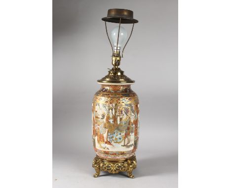 A 19TH CENTURY JAPANESE SATSUMA VASE TABLE LAMP, with gilt metal mounts and stand, raised on four elephant form feet, 62cm hi