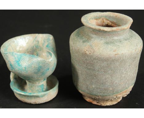 A 12TH CENTURY PERSIAN KASHAN TURQUOISE GLAZED POTTERY VESSEL AND OIL LAMP, provenance: formerly property of a deceased diplo