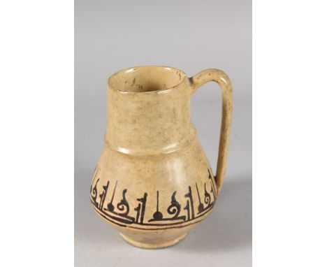 A FINE 11TH-12TH CENTURY PERSIAN NISHAPUR POTTERY JUG, with a band of Kufic calligraphy, 15cm high.