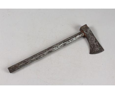 A FINE 18TH-19TH CENTURY INDO PERSIAN SILVER INLAID AXE, 35.5cm long.