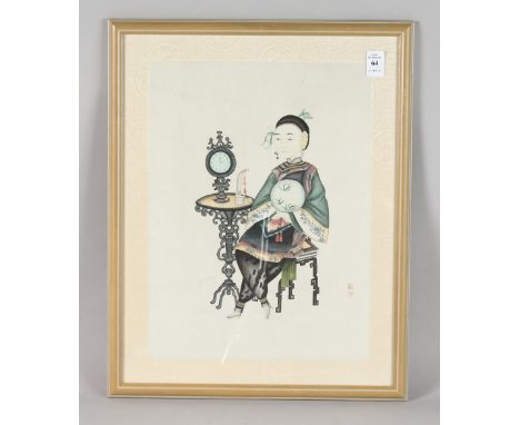 A CHINESE PAINTING ON PAPER, depicting a seated figure next to a table with clock and opium pipe atop, bearing two red seal m