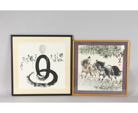 A CHINESE PAINTING ON PAPER DEPICTING HORSES, together with a calligraphy picture on paper, each framed and glazed, (2).