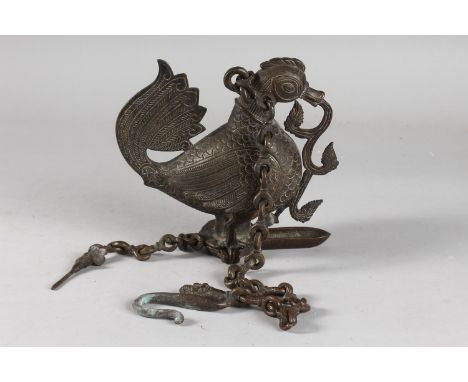 A FINE 19TH CENTURY SOUTH INDIAN DECCANI BRONZE HAMSA BIRD HANGING OIL LAMP.