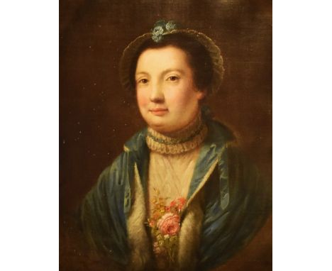 18th Century British School, oil on canvas, a half length portrait of 'Elizabeth', an 18th lady in unusual dress, the nosegay