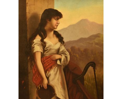 Josef Albrecht (19th Century), oil on canvas, A portrait of a dark haired woman with pink sash, holding a tambourine, and wit