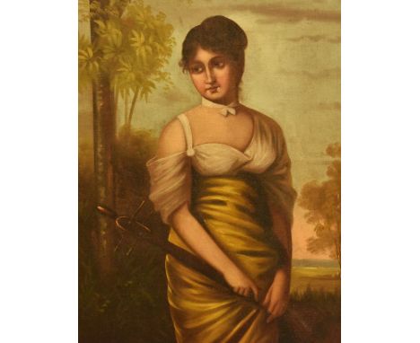 Josef Albrecht (19th Century), oil on canvas, A full length portrait of a girl holding a lute within a naturalistic setting, 