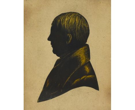 19th/20th Century School, Four portrait miniatures, to include a silhouette of a gentleman, displayed within a reeded and ebo