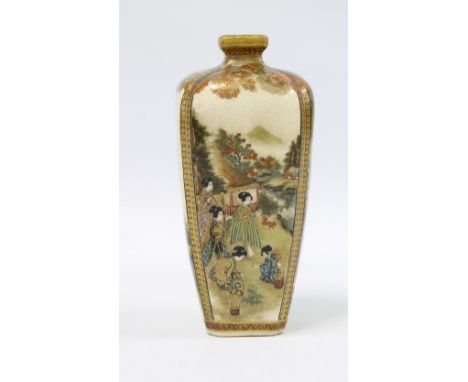 Late 19th / early 20th century Satsuma vase, square form with lobed shoulders, painted with figures, birds and wisteria, base