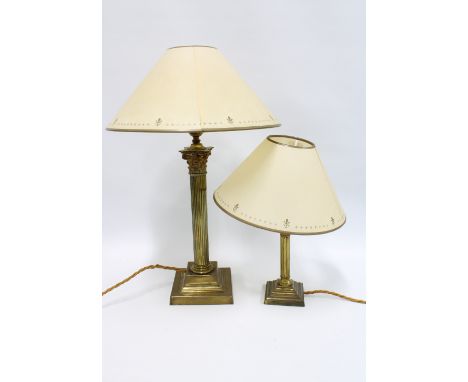 Two brass Corinthian column table lamp bases, with shades, taller is approx. 45cm high excluding shade (2) 