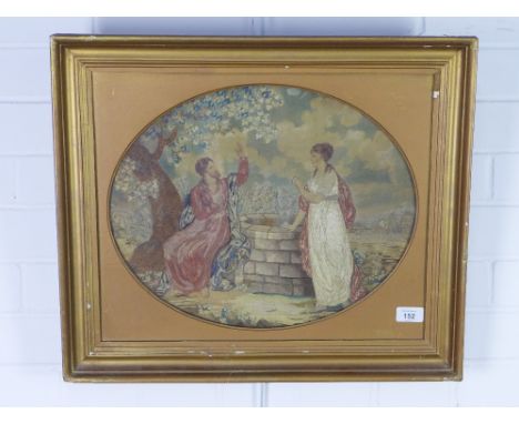 19th century embroidered silk panel depicting two figures at a well, framed under glass, size overall 55 x 48cm 