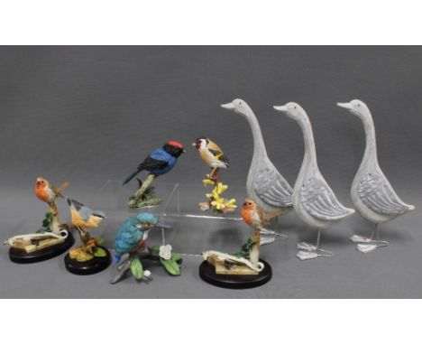 Set of three painted wood ducks and a group of bird figures (some af/f) (9) 