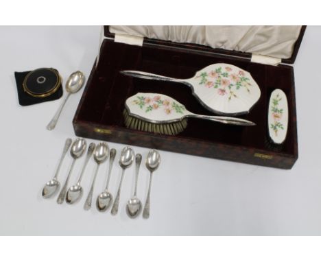 Early 20th century Epns and enamel three piece dressing table brush set by Adie Brothers, together with a set of eight silver