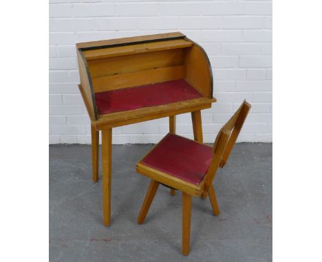 Child's vintage plywood tambour desk, 80 x 54cm, with a rotating chair (2) 
