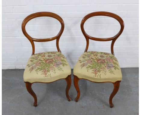 Pair of mahogany balloon back chairs with floral, tapestry-style upholstered seats, 87 x 44cm (2) 