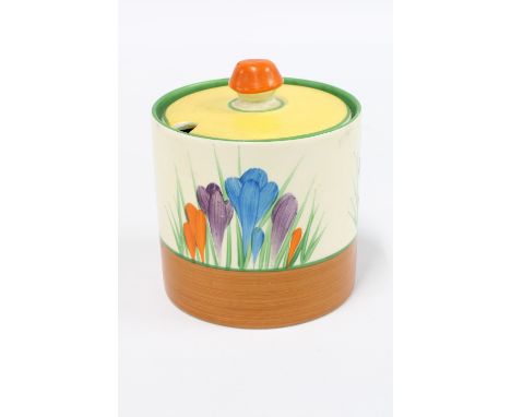 Clarice Cliff 'Bizarre' Crocus pattern cylindrical jam pot and cover, 10cm 