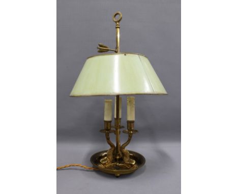 Georgian style brass table lamp with dolphins around a central pillar, metal shade, 57cm 