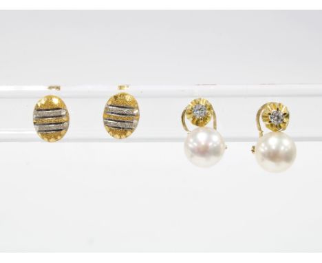 Pair of 18ct gold faux pearl earrings and a pair of yellow and white metal stud earrings (2) 