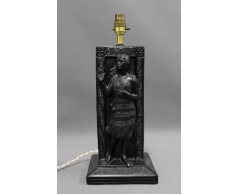 Table lamp base, with South Seas style figure, rectangular base, 42cm including fitting 