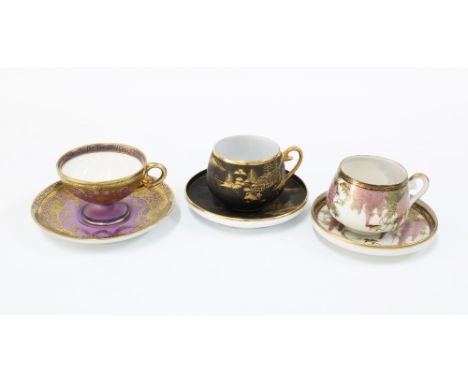 A group of three Japanese porcelain cabinet cups and saucers to include Noritake, Nagoya and another with wisteria pattern (3