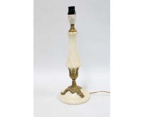 Vintage white alabaster table lamp base with gilt metal mounts and sage green shade 