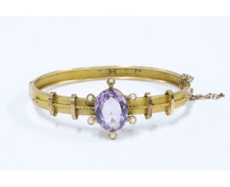 Victorian 9ct gold amethyst and seed pearl bangle, Birmingham 1893 