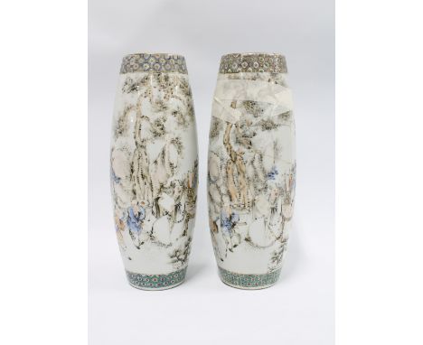 A pair of Chinese vases painted with figures and calligraphy, one a/f, 30cm  (2) 