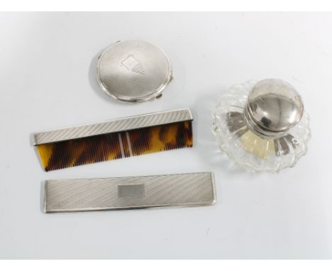 George V silver powder compact, Birmingham 1935, silver cased comb, Birmingham 1960 and a silver plated and glass inkwell (3)