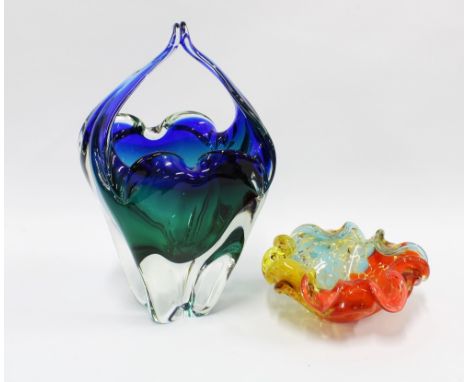 Czech blue, green and clear glass basket / vase, and a Murano glass dish (2) 29cm.