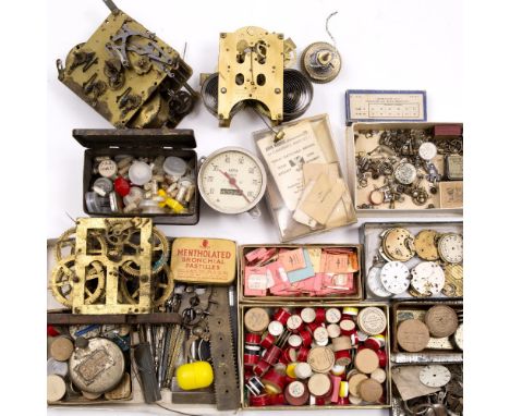 A COLLECTION OF CLOCK AND WATCH MAKERS TOOLS AND ACCESSORIES to include springs, coils, dials, American clock movement, acces