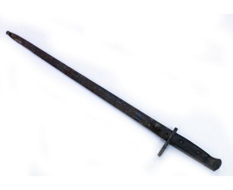 AN OLD STEEL BAYONET with wooden grip and rusted steel scabbard, the bayonet 56cm long overall