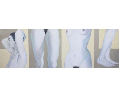 OSCAR MELLOR (20TH CENTURY ENGLISH SCHOOL) Four part sectional full length nude portrait of a woman, oils on board, singed an
