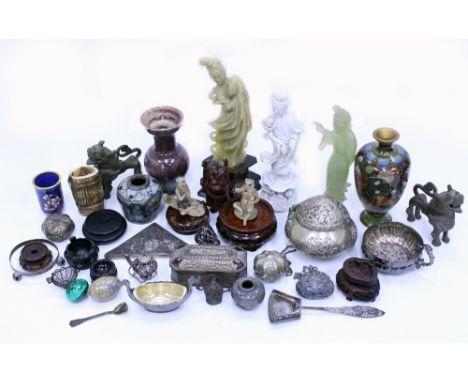 A CARVED SOAPSTONE FIGURE a white metal novelty miniature boat, a cloisonne vase, a carved jade figure depicting a female, wh