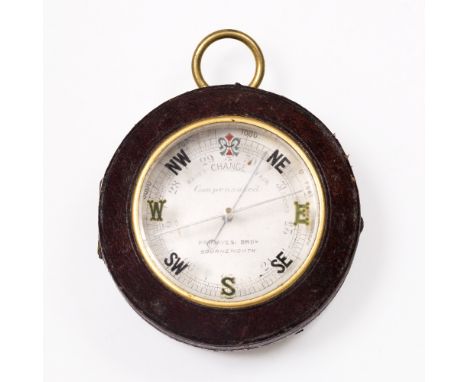 A GILT CASED POCKET COMPENSATED BAROMETER the silvered dial signed 'Primavesi Brothers, Bournemouth', within a fitted leather