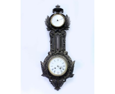 A 19TH CENTURY CAST IRON WALL CLOCK / BAROMETER with an urn finial, acorn and scrolling acanthus leaf decoration 64cm in heig