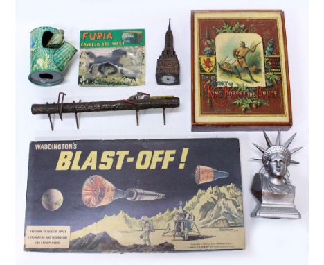 A KING ROBERT THE BRUCE JIGSAW PUZZLE in box, Waddington's Blast Off table top game, three vintage money boxes and a tree tru