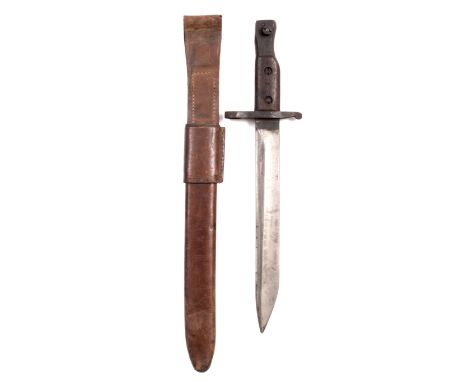 A STEEL BAYONET with wooden grip and leather scabbard, the bayonet stamped 'Ross Rifle Co., Quebec, Patented 1907', 37cm long