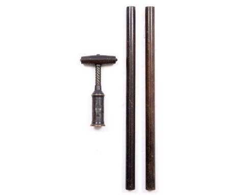 AN EARLY 20TH CENTURY CORKSCREW with unmarked handle and button, and two early 20th century cylindrical rules (3)