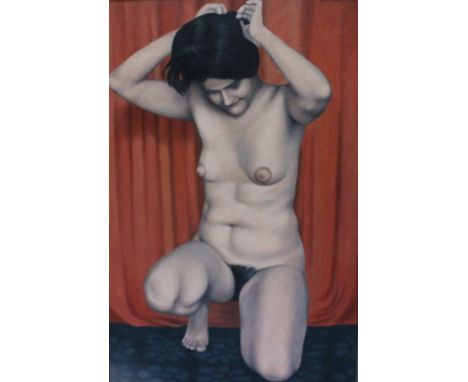 OSCAR MELLOR (20TH CENTURY SCHOOL) kneeling figure, signed and dated 1974, oil on canvas, signed and inscribed to the reverse
